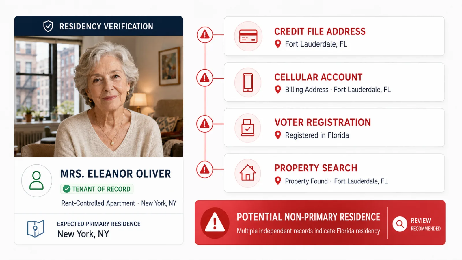 Residency verification report showing potential non-primary residence findings