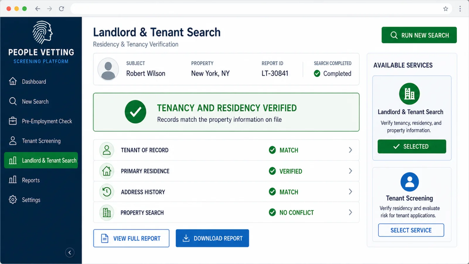 People Vetting portal showing Landlord & Tenant Search residency workflow