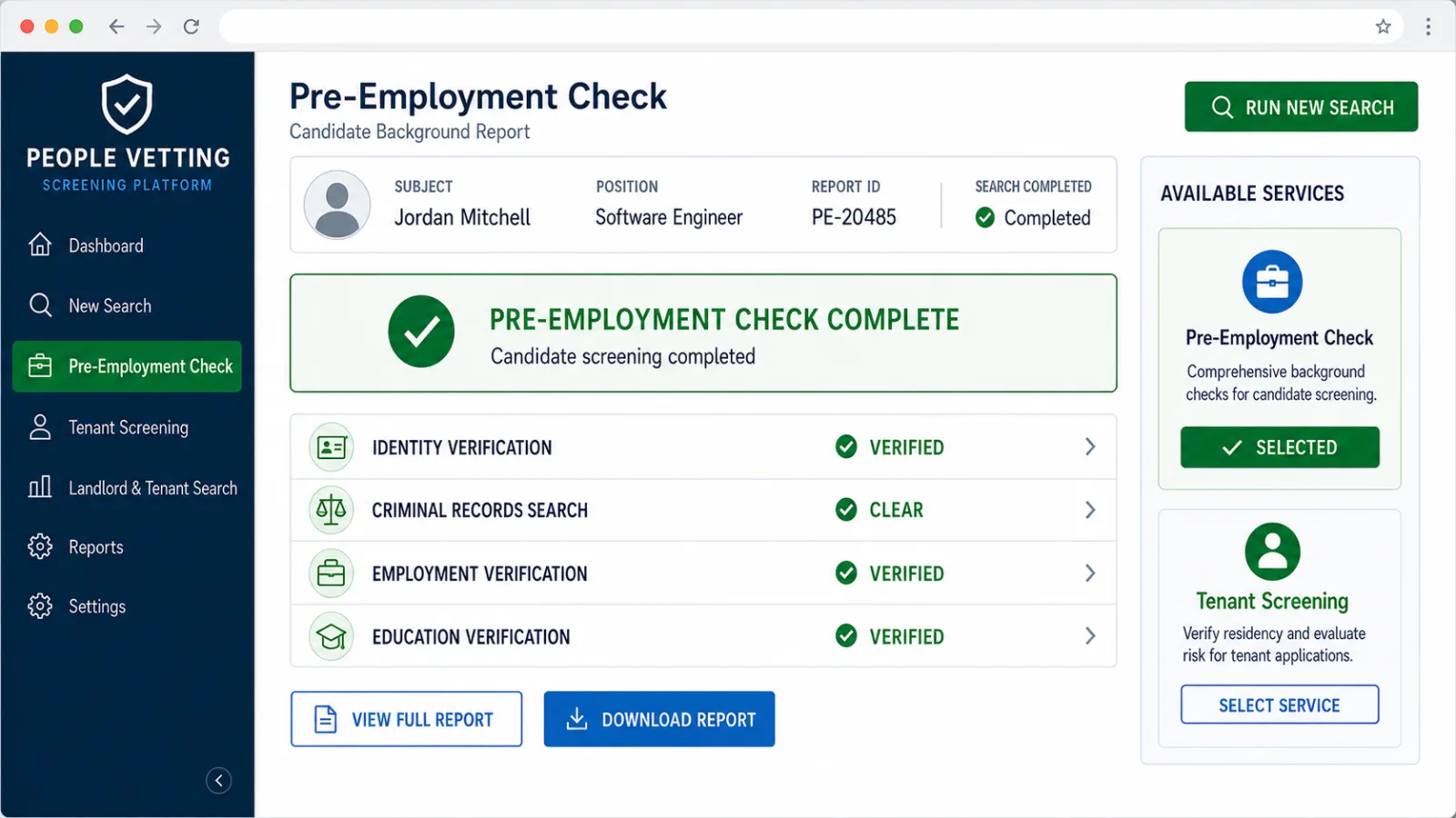 People Vetting portal showing Pre-Employment Check workflow